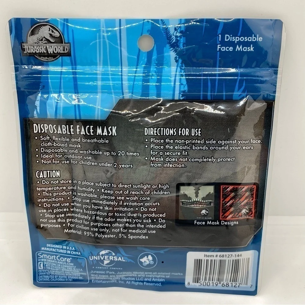 Jurassic World Kids Dinosaur Washable Cloth Face Mask Ages 2+ New In Package
